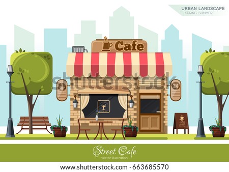 Street Cafe. Coffeeshop. City cafe. Urban spring summer landscape. Flat design concept. Vector illustration Royalty-Free Stock Photo #663685570