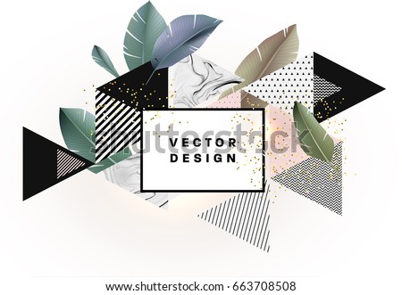 Memphis style background with marble texture, golden glitters and geometric patterns. 80s retro minimalistic style vector illustration for posters, placards, banners, covers and brochures. Royalty-Free Stock Photo #663708508