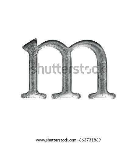 Rustic silver aged metal lowercase or small letter M in a 3D illustration with an antique bookletter font style isolated on a white background with clipping path.