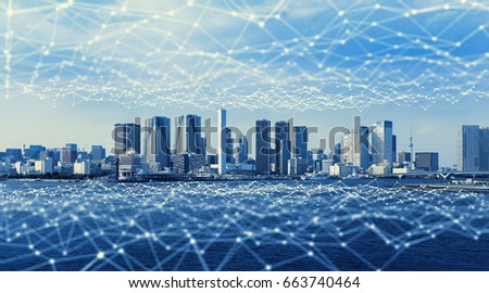 Modern city and communication network, Smart City. Internet of Things. Information Communication Network. Sensor Network. Smart Grid. Conceptual abstract. Royalty-Free Stock Photo #663740464