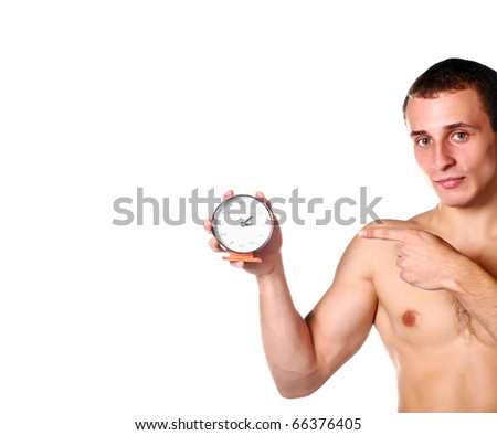 Worry about time. Personal schedule and daily regime. Alarm clock morning time. Shirtless guy holding alarm clock isolated on white. Man is showing you what time is it. Time management skills.