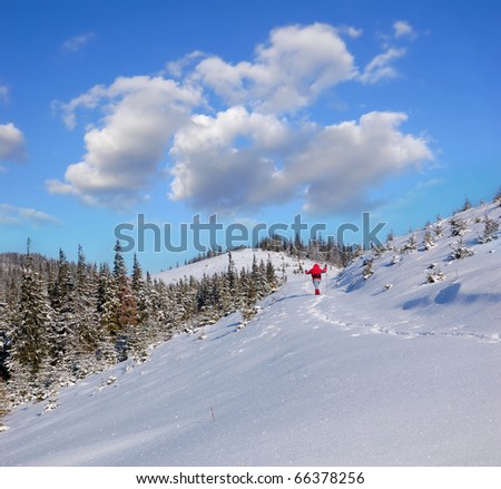 Winter landscape in mountains Carpathians, Ukraine and a valley with huts