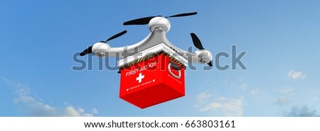 White Quadrocopter Drone with first aid kit in flight on an blue sky background - 3d render