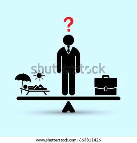 Man decide work or vacation concept. Work vs relax illustration. Concept of life and work balance. Vector.