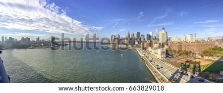 Panoramic view of Manhattan and Brooklyn from Manhattan Bridge.