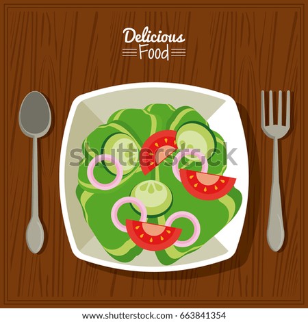 poster delicious food in kitchen table background and cutlery with dish of salad of vegetables