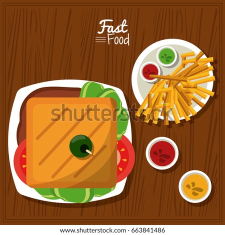 poster fast food in kitchen table background with sandwich and sauces and fries