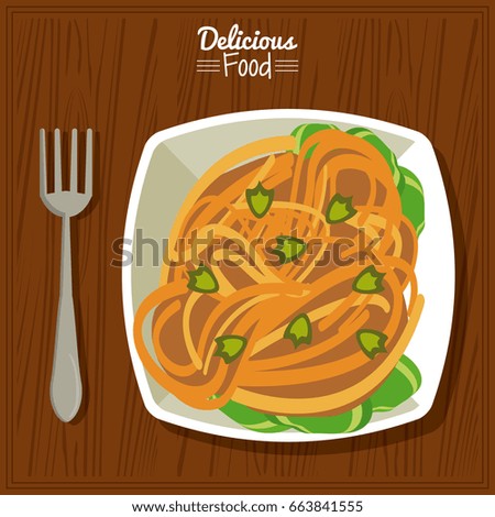 poster delicious food in kitchen table background with fork and dish of pasta with vegetables