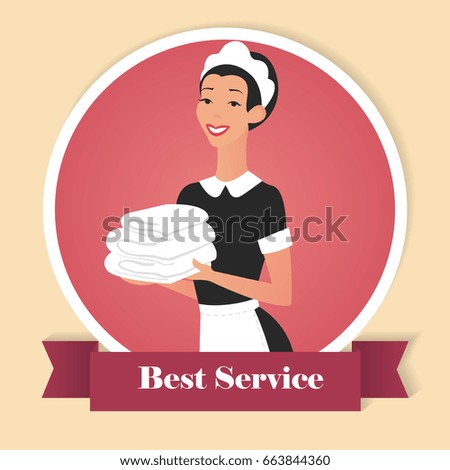 Housemaid dressed in uniform holding towels icon isolated over white. Best service concept. Vector illustration