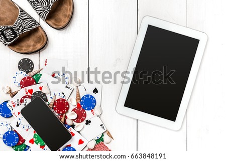 Post blog social media poker. Banner template layout mockup for online casino. Wooden white table, top view on workplace.