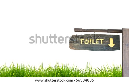 A wooden sign hung over the entrance to a toilet.