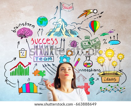 Thoughtful european woman on concrete background with colorful business sketch. Solution concept