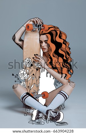 Young hipster girl with drawn red hair hugging longboard 