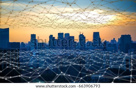 Modern city and communication network, Smart City. Internet of Things. Information Communication Network. Sensor Network. Smart Grid. Conceptual abstract. Royalty-Free Stock Photo #663906793