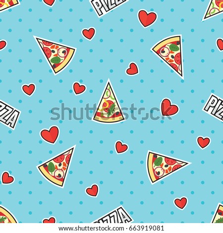 Pizza Slice and Hearts on Blue Dotted Background Vector Seamless Pattern