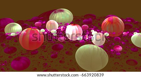 Abstract glowing bubbles on black background. Digital fractal art. 3D rendering.