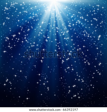 Snow and stars are falling on the background of blue luminous rays.