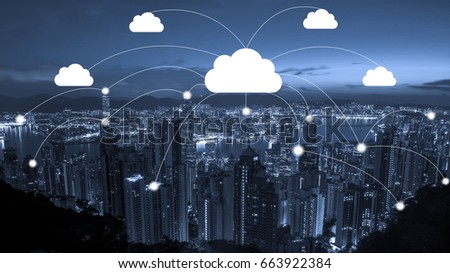 Network connection and cloud storage technology concept on modern and smart city blue tone cityscape, data communications and cloud computing network concept.