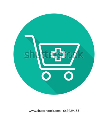 Drugstore shopping flat linear long shadow icon. Pharmacy. Shopping cart with medical cross. Vector outline symbol