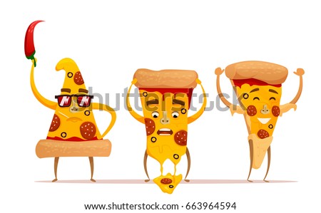 Funny Pizza slice. Cute pizza character set isolated on white background  . Fast food characters 