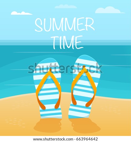 Summer flip-flops on sandy sea beach . with text.Vector Illustration