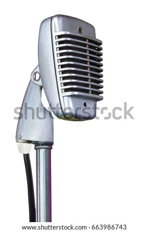 Retro microphone Vintage silver microphone isolated on white background. This has clipping path.           