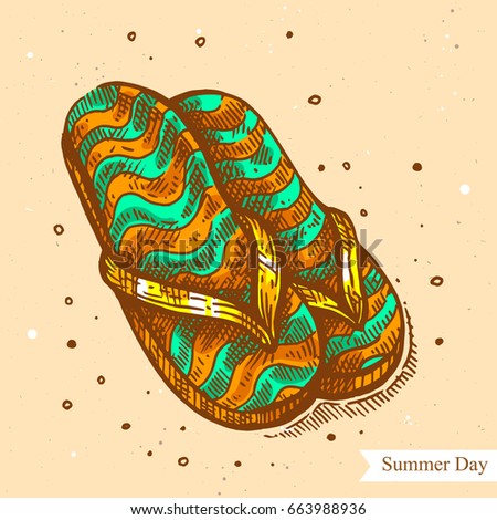 Vector linear illustration of the summer beach shoes isolated on paper background with abstract texture. Hand drawn color sketch in retro style of flip flops. Image in vintage style for design.