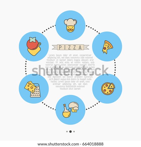 Pizza circle concept with thin line icons for menu design of restaurant or pizzeria. Vector illustration.
