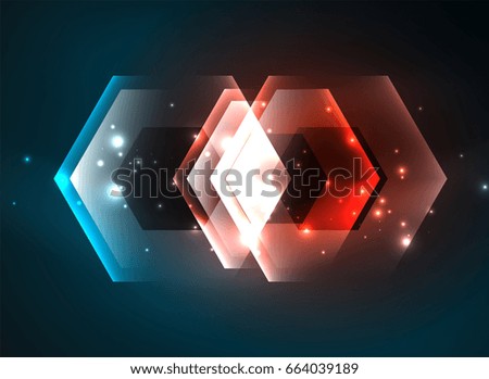 Techno glowing glass hexagons vector background, futuristic dark template with neon light effects and simple forms
