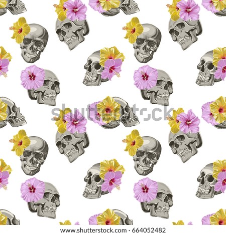 Seamless Vector Skull WIth Exotic Flowers Pattern