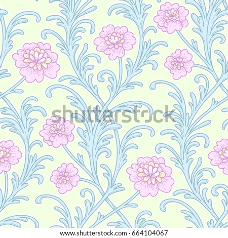 Light seamless pattern. Twisted baroque ornament with pink flowers on a green background 