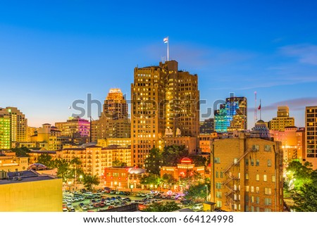 San Antonio, Texas, USA downtown cityscape at twilight.