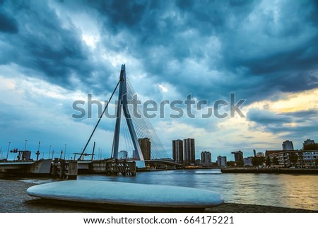 General view of Rotterdam city landscape and Erasmus bridge one of the most famous symbols of the city.