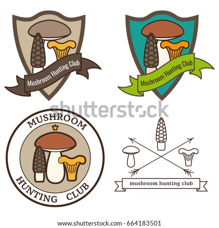 Mushroom hunting club. Set of logos and labels. Vector illustrations