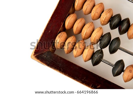 Cropped picture of wooden abacus. Vintage money calculator, white background.