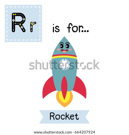 Letter R cute children colorful transportations ABC alphabet tracing flashcard of Rocket for kids learning English vocabulary Vector Illustration.