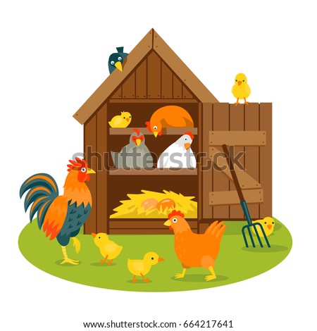Henhouse with funny birds on a green lawn vector illustration cartoon style Royalty-Free Stock Photo #664217641