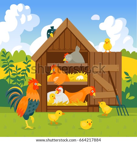 Henhouse with cute hens, chicks and rooster in summer landscape vector illustration cartoon style Royalty-Free Stock Photo #664217884