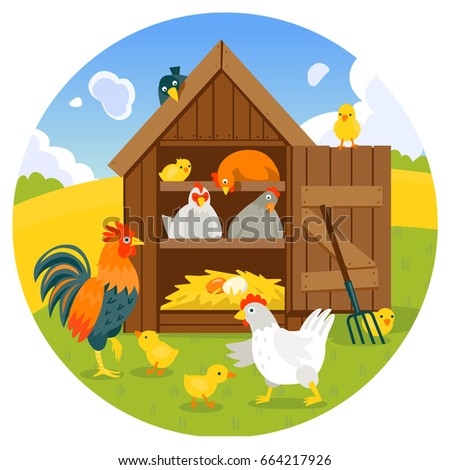 Henhouse with cute hens, chicks and rooster in summer landscape vector illustration cartoon style Royalty-Free Stock Photo #664217926