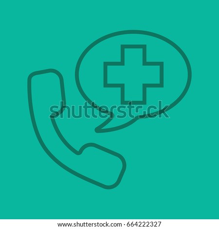 Emergency phone call to hospital linear icon. Handset with medical cross inside chat bubble. Thin line outline symbols on color background. Vector illustration