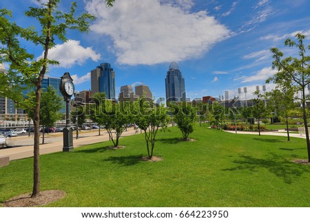 The Cincinnati  skyline from Smale Riverfront Park along the Ohio River.