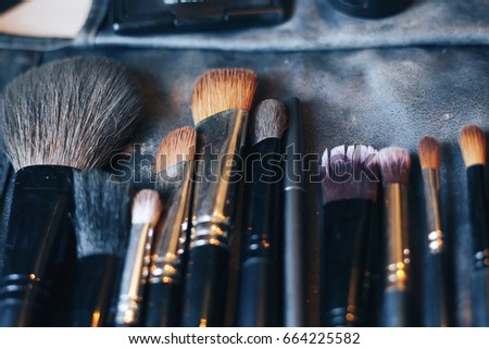 make up set, soft makeup brushes on black background
