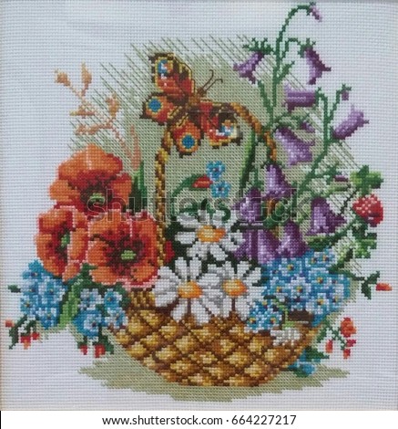 embroidered basket of flowers