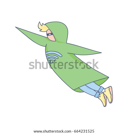Illustration of flying boy in green coat with symbol on his chest.