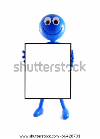 A happy blue figure holding a blank advertising board with copy space