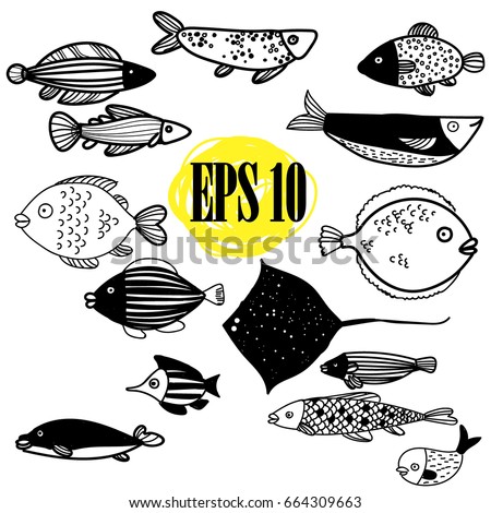 Fish, set of images. Drawing by hand in vintage style. Children's drawing. Sea fish of different sizes. Flounder, stingray, perch.