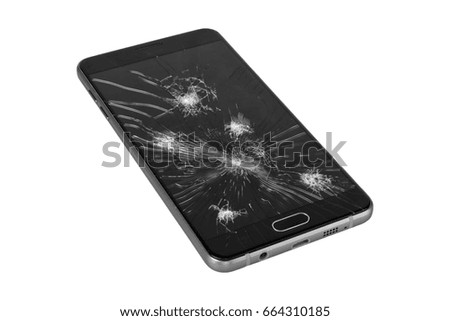 Smartphone with broken screen isolated on a white background
