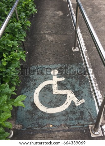 Parking places with handicapped or disabled signs and marking lines on asphalt
