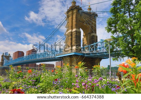 The John A. Roebling Bridge was built in 1866 to connect Covington, Kentucky to Cincinnati, Ohio.  It spans the Ohio River.
