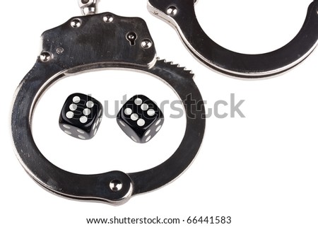 Handcuffs with things gaming - the dice on a white background.